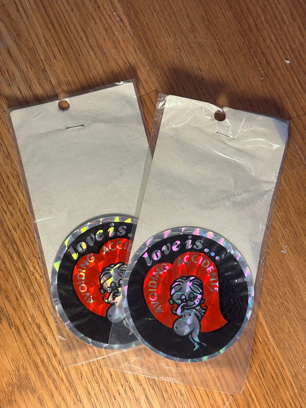 Vintage 70s 80s Holographic Love Is Avoiding Accidents Prismatic Stickers Lot 2